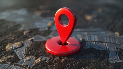 Red location pin on a textured map surface. Travel and navigation concept.