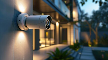 Security camera mounted on a wall, providing surveillance for a modern home The background features a stylish house and greenery at twilight
