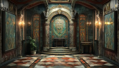 Obraz premium Ornate room with a grand fireplace and tiled floor.