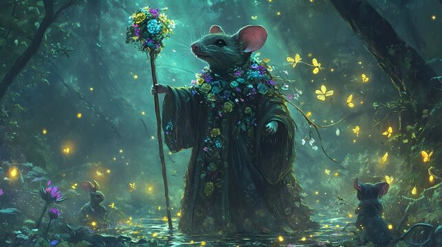Mystical Mouse Druid Commanding Ethereal Fireflies and Water Spirits in Enchanted Forest Scene