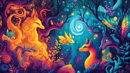 Obraz premium Fantastical Woodland Creatures Amidst Vibrant Surreal Shapes and Ethereal Elements