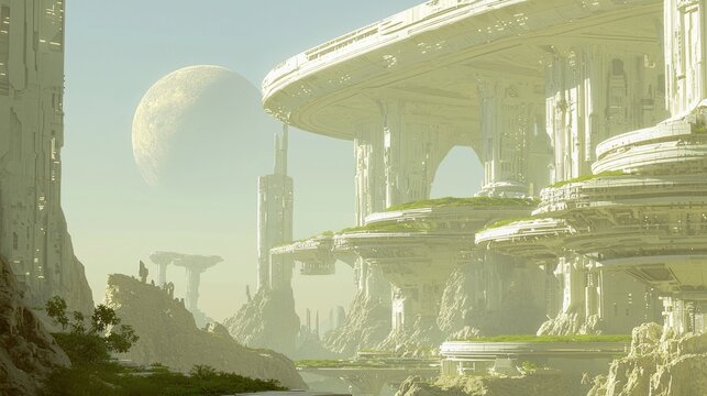 Futuristic Urban Landscape in Ray Tracing Space Colonization Concept Art - Advanced Architecture and Green Spaces on Distant Planet