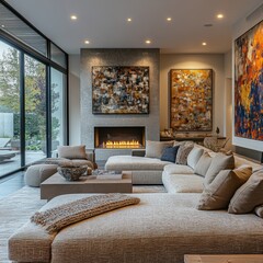 Modern Living Room with Sectional Sofa  Fireplace  and Abstract Art