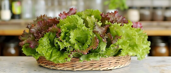 Freshly harvested red lettuce leaves in a wicker basket on a kitchen counter