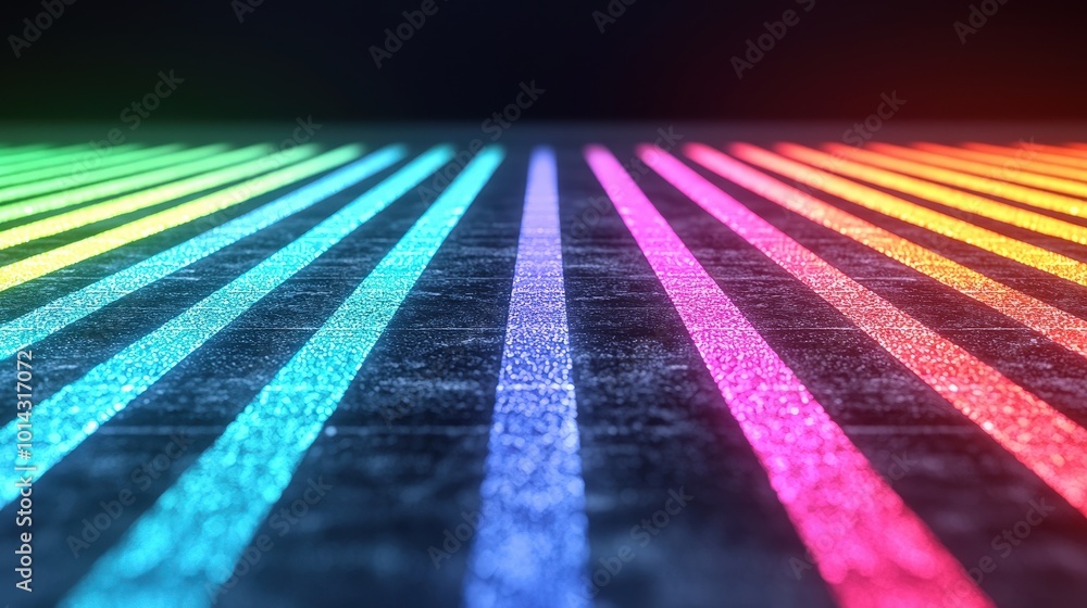 Poster abstract neon rainbow lines on glowing surface 3d rendering
