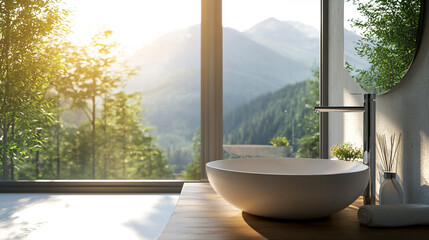 Serene bathroom with a mountain view during sunrise surrounded by nature's beauty