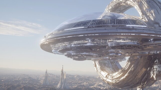 Futuristic Solar-Powered Habitat on Distant Planet - Ray Tracing Space Colonization Concept Art with Stunning Landscapes and Advanced Technology