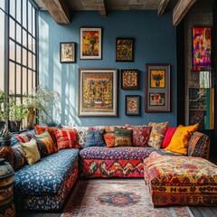 Bohemian Living Room Interior Design with Colorful Sofa  Pillows  and Artwork
