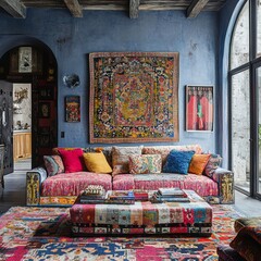 Bohemian Living Room Interior Design with Colorful Sofa  Rug  and Artwork