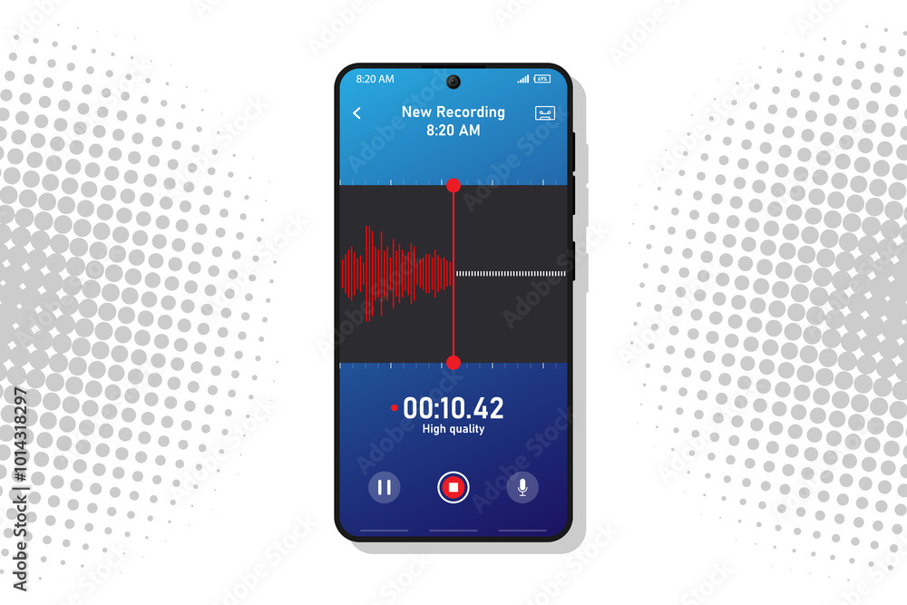 Poster voice recorder app smartphone interface vector template. mobile utility page white design layout. au