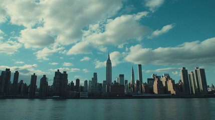 Fototapeta premium A panoramic view of New York City's skyline under a clear blue sky with notable skyscrapers