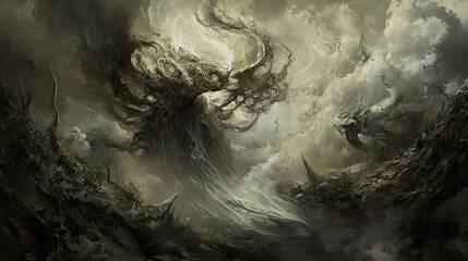 Dark Fantasy Forest Landscape: A Twisted Tree in a Foggy Sky