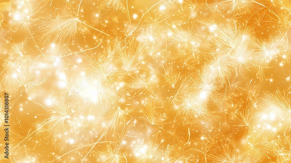 Poster the image is an abstract design of white dandelion seeds with light sparkles on a yellow background.