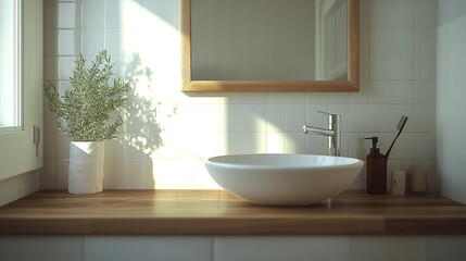 A serene bathroom setup featuring a modern sink and natural decor in soft afternoon light