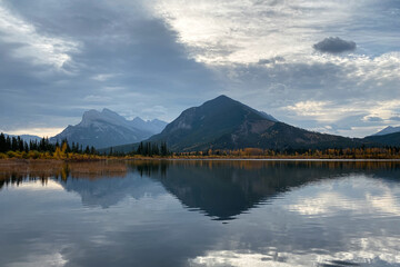 Vermilion Lakes in the Banff National Park, Alberta, Canada. Mount Rundle and Sulphur Mountain are reflected in the lakes.
