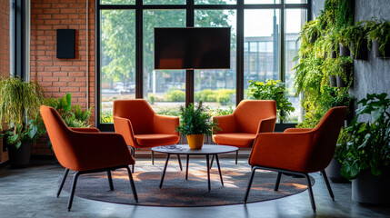 Fototapeta premium Cozy modern lounge area with orange chairs and greenery in a bright urban setting