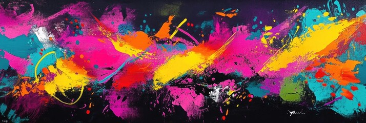 Expressive, thick brush marks in bright neon colors, forming a dynamic, abstract design