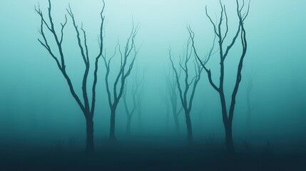 Obraz premium Eerie Foggy Forest With Silhouetted Trees