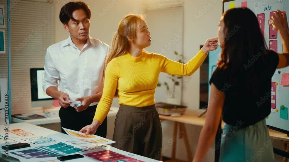 Poster Creative team designing mobile app interface, discussing layouts and strategies, using printouts and wall displays during a collaborative office session