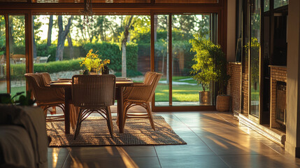 Obraz premium Bright dining area with natural light and stylish decor in a serene outdoor setting