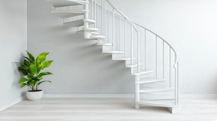 Fototapeta premium Modern Minimalist Interior Design with White Spiral Staircase and Green Plant