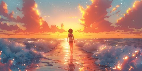 Fototapeta premium Person jogging on beach at sunset with ocean waves and golden sun.
