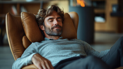 Man reclining in a chair, Relaxing man enjoying a peaceful moment in a modern living room, embodying tranquility and comfort in a stylish environment.