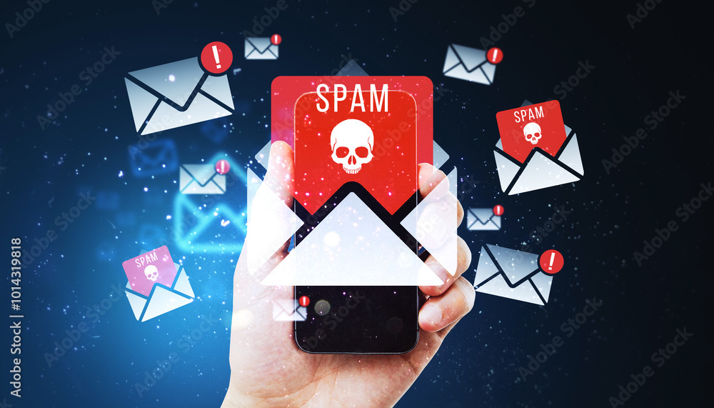 Poster Hand holding a smartphone with spam email notifications and skull icons on a dark background.