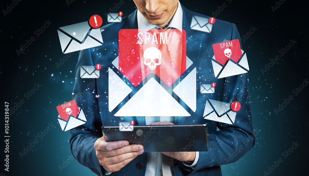 Poster Businessman using tablet with spam email notifications and warning icons floating around him.