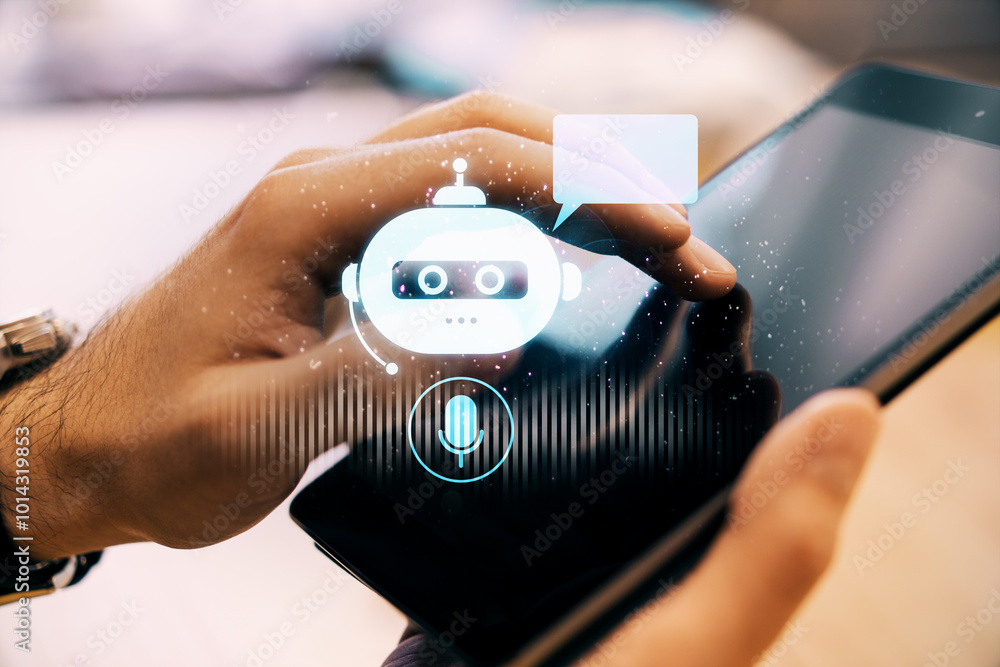Poster person interacting with chatbot on smartphone screen, holographic bot icon on display.