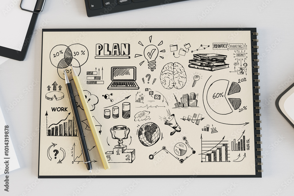 Aufkleber Sketch of business plan concepts with doodles on a notepad on a desk. 3D Rendering