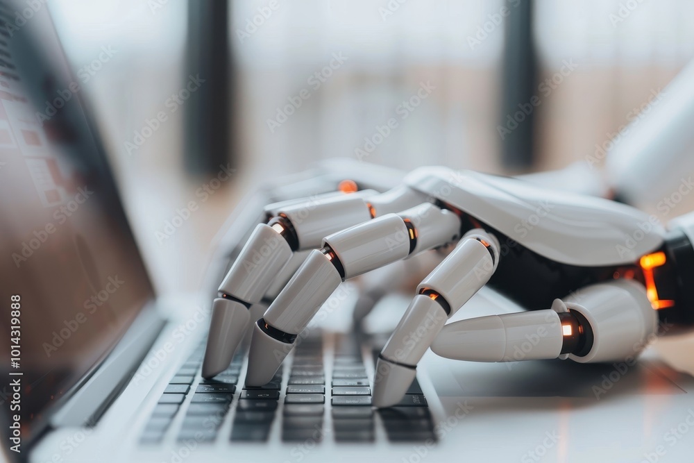 Aufkleber robotic hands typing on a laptop keyboard, symbolizing advancements in artificial intelligence, auto