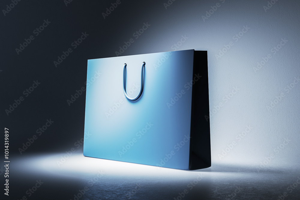 Poster blue shopping bag mockup on a dark background with spotlight. 3d rendering