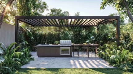 Pergola-covered modern outdoor kitchen set for alfresco dining in a green setting.