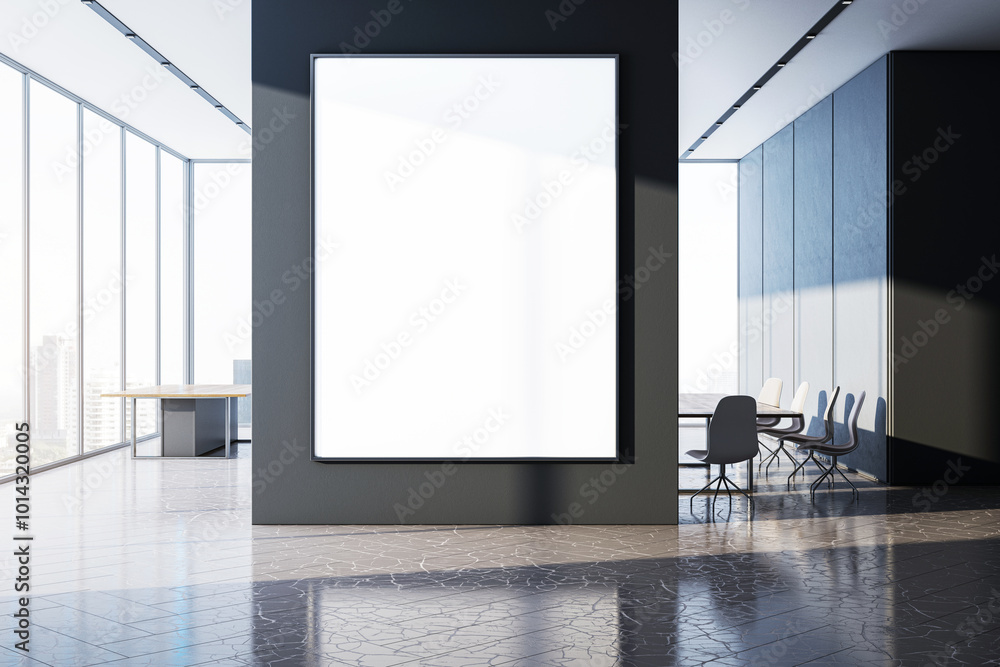 Poster modern office with large vertical blank canvas on dark wall. 3d rendering