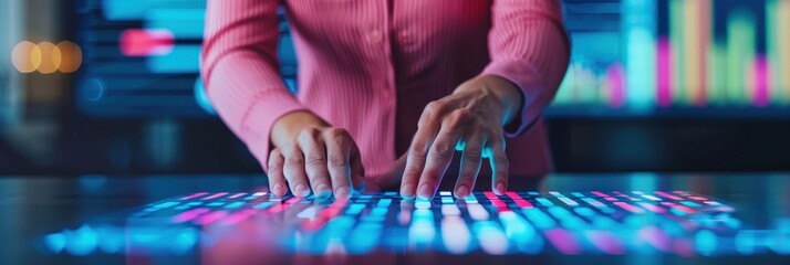 Closeup of hands operating a futuristic digital touchscreen interface with vibrant data and analytics display in a modern technology environment.