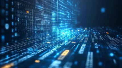 Vibrant digital streams of data illuminate the virtual landscape in deep blue and bright red hues. Abstract background representing software development and coding, technology, programming.