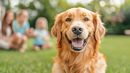 Obraz premium Happy Golden Retriever Dog with Family in Backyard