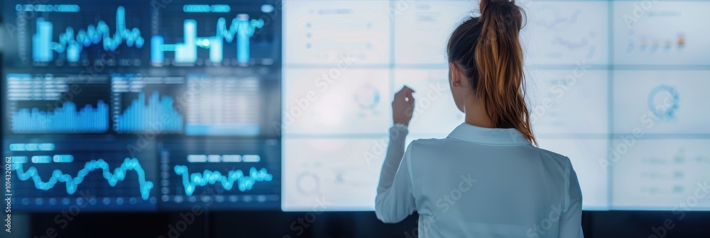 Poster a businesswoman with a ponytail interacts with a large digital screen displaying financial data, cha