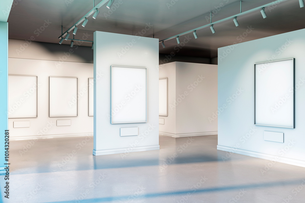 Poster Modern gallery interior with empty frames on white walls. 3D Rendering