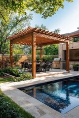 Chic outdoor living space with a dining set under a wooden pergola by a pool.