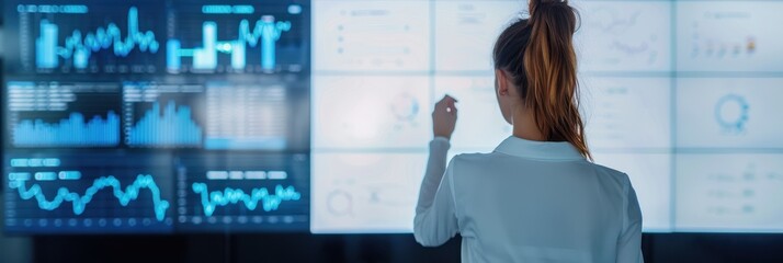 A businesswoman with a ponytail interacts with a large digital screen displaying financial data, charts, and graphs in a professional setting.