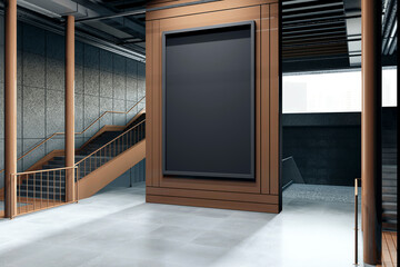 Blank vertical billboard mockup in modern subway station. 3D Rendering