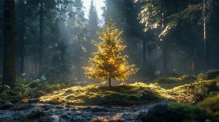 Glowing Christmas Tree in Forest, Magical Holiday Lights, Festive Winter Wonderland, Warm and Cozy Christmas Spirit, Greenery, Nature, Christmas Decor, Holiday Decorations, Christmas Tree Lights