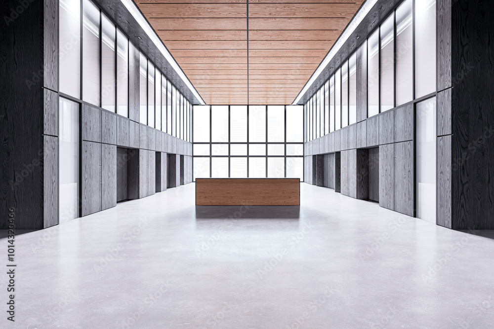 Leinwandbilder modern empty office lobby with wooden reception desk in spacious hall. 3d rendering