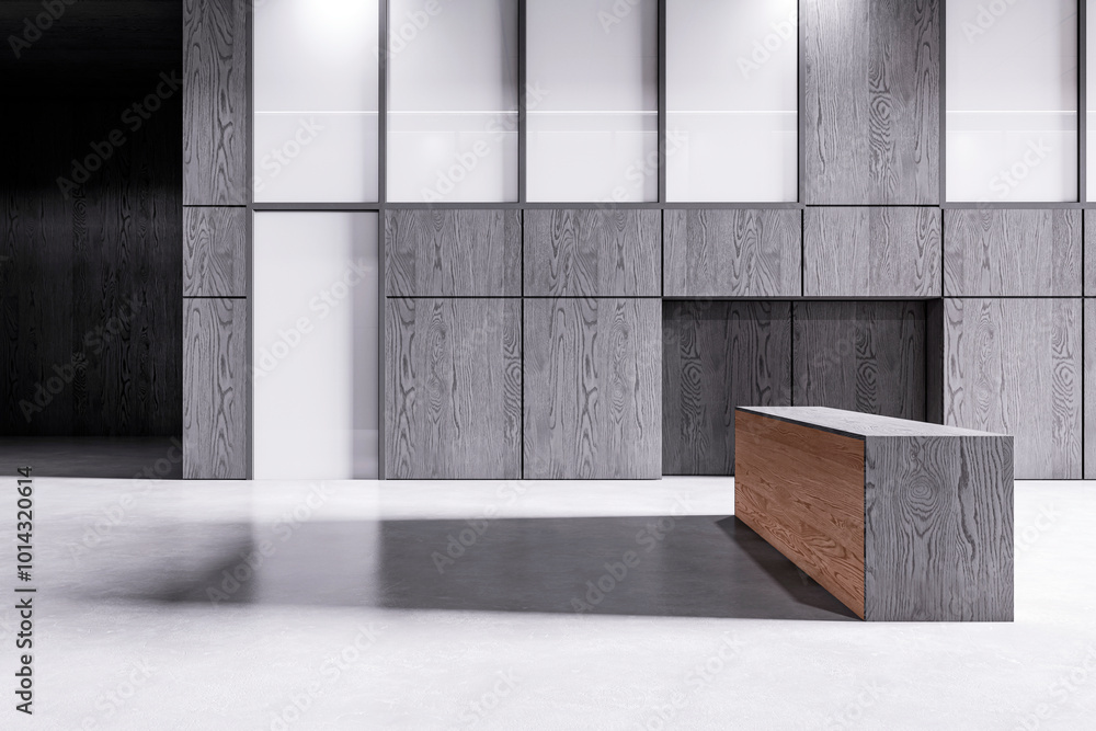 Poster modern office reception area with wooden counter and grey panel walls. 3d rendering