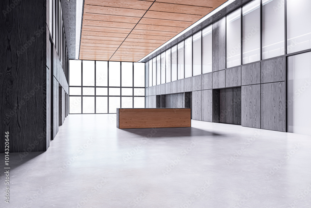 Aufkleber Modern office lobby with large windows and reception desk. 3D Rendering