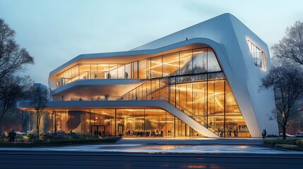 Modern museum exterior, featuring bold geometric shapes and expansive glass windows, inviting visitors inside 