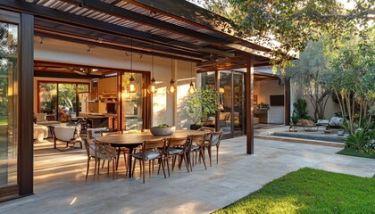Fototapeta premium Contemporary patio under a pergola with elegant dining setup and lighting.
