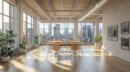 Modern office interior with large windows overlooking a city skyline during the daytime